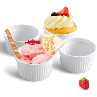 Cinf 4 Stück Creme Brulee Schälchen Soufflé Förmchen Auflaufförmchen Porzellan 414ml für Creme Brulee Schälchen Förmchen Muffins Cupcakes Schüssel Backofenfest Weiß