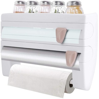 Wandrollenhalter Küche 3 Rollen, Küchenrollenhalter Papierhandtuchhalter Folienschneider Küchenrolle Frischhaltefolie mit Abstellfläche für Gewürze Kitchen Roll Holder (Weiß)
