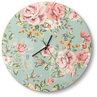 DEQORI Wanduhr 'Tapete mit Blumenmuster' (Glas Glasuhr modern Wand Uhr Design Küchenuhr) rosa 50 cm x 50 cm