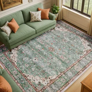 Topfinel Vintage Teppich 200x300cm Grün Boho Kurzflor Teppich Waschbar in Waschmaschine rutschfest Weicher Wohnzimmer Teppiche für Schlafzimmer Esszimmer Büro Groß Carpet Orientalischer