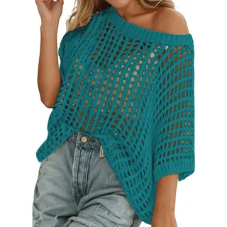 Netzoberteil Damen Schulterfreies Sommer Kurzarm Festival Outfit Damen, Transparentes Netz Oberteil Netzshirt Locker Oversize Neon Shirt Sommerpullover Leicht Elegant Bunt Netzhemd