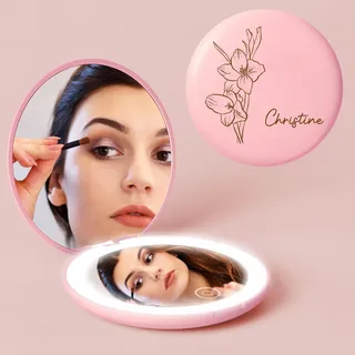 iDIY Personalisiert Taschenspiegel klappbar LED mit 1X/10X Vergrößerung- kosmetikspiegel mit Beleuchtung mit Name Blumen, Spiegel klein für die Reise personalisierte Geschenke für Frauen rosa