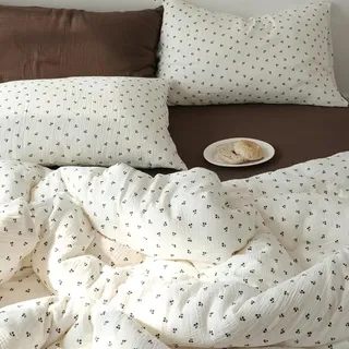 Covebett Bettwäsche 155x220 Baumwolle Musselin Weiß mit Schwarz Kirschen