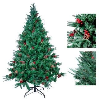 himaly Künstliche Weihnachtsbäume 150 cm mit 450 Spitzen, PVC/PE Material Naturgetreue Tannenbaum künstlich Christbaum, 39pcs echten Tannenzapfen, 39pcs roten Früchten für Innen und Außendekoration