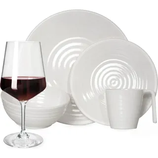 Melamin Camping Geschirr Set 4 Personen Crema Design 16 Teilig + Milano Gläser Rot Weingläser Tafelgeschirr Picknick BBQ Kochgeschirr