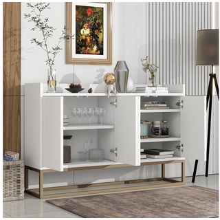 WISHDOR Anrichte Küchenschrank, Modernes Sideboard im minimalistischen Stil 4-türiger (griffloser Buffetschrank für Esszimmer, Wohnzimmer, Küche) weiß