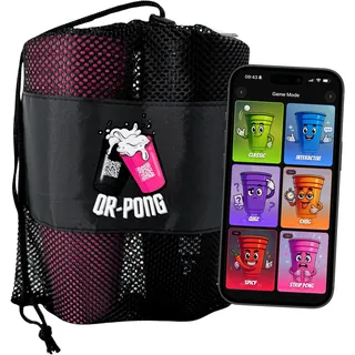 QR-Pong Party Paket – Bierpong Becher Set mit 22 Bechern, 14 Bällen & Kronkorkenpistole, Trinkspiel für Erwachsene, App mit 3.000+ Aufgaben, Hartplastik Beerpongbecher, Partyspiel ab 18