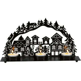 HGD Schwibbogen weihnachtlicher Mini-Lichterbogen - Dorf - aus Metall, elegante Tischdekoration zur Winterzeit - in schickem Schwarz schwarz