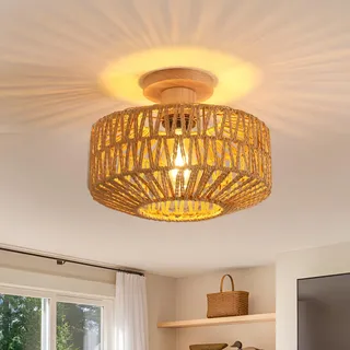 Toolight Deckenlampe Rattan E27 Ø30cm Natur Wohnzimmer | Vintage Deckenlampe mit Rattan-Schirm, Pendelleuchte aus Holz, für Küche und Flur, ohne Glühbirne, rustikale Eleganz