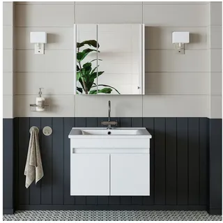Roomart Badmöbel-Set Badmöbel-Set 65cm mit Waschtisch & Spiegelschrank, 4 Farben, (Badmöbel Set in 4 Farben 65cm Unterschrank Waschbecken Spiegelschrank) weiß
