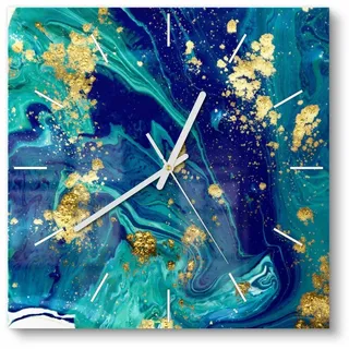 DEQORI Wanduhr 'Marmor mit Goldakzent' (Glas Glasuhr modern Wand Uhr Design Küchenuhr) blau 30 cm x 30 cm