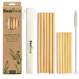 Bambaw Bambus Strohhalme, Wiederverwendbare Trinkhalme, Biologisch abbaubare Strohhalme Ohne Plastik, Reinigungsbürste Für Trinkhalme, 6 x 13 cm + 6 x 22 cm, 12er-Pack