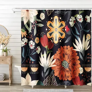 BSHAPPLUS Boho-Duschvorhang mit Blumenmuster, 180,3 x 180,3 cm, moderner Stoff-Duschvorhang für Badezimmer mit Haken
