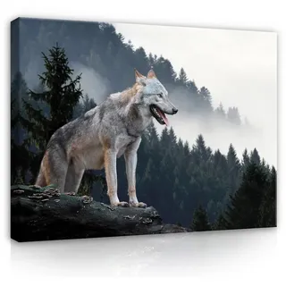 Wallarena Leinwandbild Wolf Wald Nebel Tiere Natur Wandbild XXL Leinwandbilder Modern, Wolf in den Bergen (Einteilig), Aufhängefertig 120 cm x 80 cm