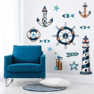 3D Effekt Wandtattoo/Sticker freie Motivwahl 13 TLG. Set - Maritim - Leuchtturm - Anker - Relief Kunststoff - selbstklebend + wiederverwendbar - Wands..