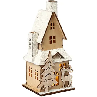 HEITMANN DECO dekoratives Holzhaus mit LED-Beleuchtung - naturbelassenes Holz mit beschneitem Dach - Weihnachtsdeko, 9 x 9 x 20 cm