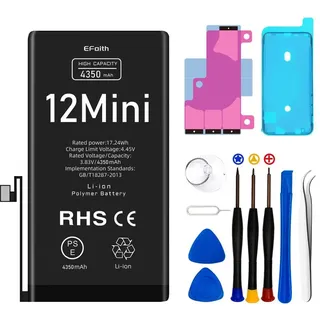 EFaith für iPhone 12 Mini Akku 4350mAh Hohe Kapazität Ersatzakku | 4350mAh hohe Kapazität | Längere Akkulaufzeit als Original | Inkl. Einbauwerkzeug