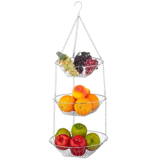 Relaxdays Hängekorb 3 Etagen, hängende Obstkörbe, 3er Etagere für die Decke, Obst, platzsparend in Küche, Stahl, silber,