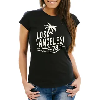Neverless Print-Shirt Damen T-Shirt Los Angeles Beach Palmen Surf Print Slim Fit Neverless® mit Print schwarz S