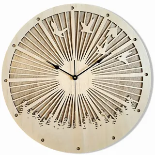 ORNAMENTI Wanduhr Vögel, Wald, skandinavischer Stil, Eiche, moderne, holz, hingucker (ohne Ticken, Wanddeko, Holzdeko, 3 Größen 40, 50, 60 cm) 40 cm