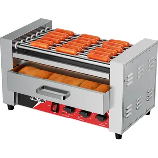 CROSSON 2 in 1 Profi Hot Dog Grill,7 Rollen Edelstahl Hot Dog Machine Elektrogrill 1350W mit Brötchenwärmer,Dual-Temp-Steuerung