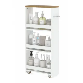 Amveya Badwagen Badregal mit Rollen 1 Stück schmal Weiß 40 x 14 x 80 cm | Schmales Badregal mit Rollen und 3 Ebenen für Räume nutzt Nischen optimal bietet mobilen Stauraum für Bad Küche und Haushalt