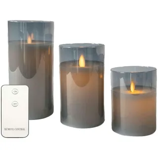 Intirilife 3x Kerzen flammenlose LED Kerzen aus Wachs im Glas in Smoky Grau - 7.4 x 15 /12.5 / 10 cm - Stumpenkerze Fernbedienung batteriebetrieben