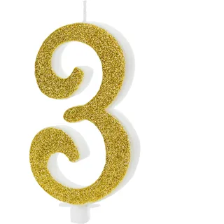 Kerze 3 Geburtstagskerze 3 Zahlenkerze 3 Glitzer Kerze Zahl 3 Deko 3. Geburtstag Mädchen Junge Kuchendeko Gold 10cm