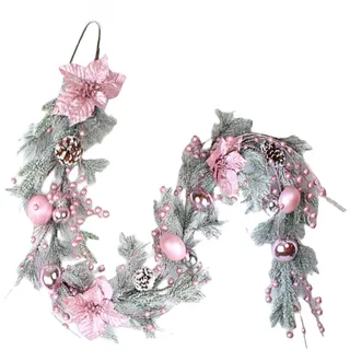 6FT Weihnachtsgirlande, hängende künstliche rosa Kranz Girlande mit Weihnachtsblume, Kiefernzapfen, Kugeln Ornament, Weihnachtskiefer Girlande für Tür Treppen Tür Indoor Outdoor Weihnachtsdekorationen