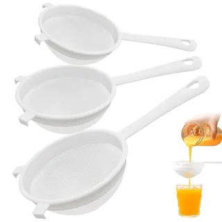 deegbbyi 3 Stück Filtersieb, Sieb Filter, Küchensieb mit Stiel in 3 Größen | Wiederverwendbar Plastik Kaffeefilter, Filterset mit Sieben mit Aufhängeloch, für Saft, Milch, Kaffee