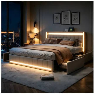 Furnishings Home Polsterbett 140x200 cm Stauraumbett LED Doppelbett (1 tlg, Geeignet für Jungen und Mädchen, Mit große Stauraum), mit Lattenrost und Ladefunktion, mit Komforthöhe, Leises Design Bett beige