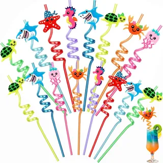 16 Stück Cartoon Kinder strohhalme,BetterJonny Wiederverwendbare Plastik Strohhalme für Geburtstag Hawaii Party Deko(Meerestiere-A)