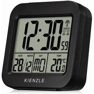 Kienzle Reise Funkwecker mit Innentemperatur und Zwei Weckzeiten | DCF Zeitsignal, Datum und Wochentag, Schlummerfunktion, blaue LED Beleuchtung, Zeitzonenanpassung, zwei AAA Batterien