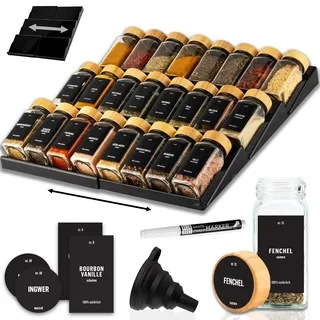 Deco haus® Gewürzregal Schublade [MIT 24 GEWÜRZGLÄSER & ETIKETTEN] - Gewürze Organizer - Gewürzeinsatz Schublade - Gewürzschublade Organizer mit Gläser - Schubladeneinsatz Gewürze