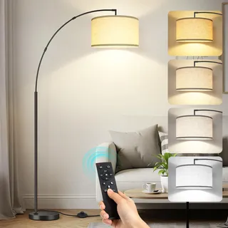 OUTON Bogenlampe Wohnzimmer, Dimmbar LED Stehlampe mit 40cm Beige Lampenschirm, Fernbedienung und Fußschalter, 4 Farbtemperaturen, Timer und Speicher, 12W Schwarz Standleuchte für Schlafzimmer Büro