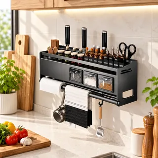 Gewürzregal Wand, Gewürz Organizer Ohne Bohren, Gewürzregale Hängend, Gewürzhalter Kleben, Küchenregal Wand Metall mit Küchenrollenhalter Haken Und 3 Gewürzboxen für Schranktür,Küche, 34cm, Schwarz