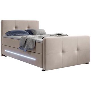Juskys Boxspringbett Houston 120x200 cm - Bett mit LED, Topper & Federkern-Matratze – Stoff Beige