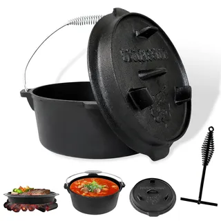 CCLIFE Dutch Oven 4,2 L, Gusseisen, 27x26,5x15,5 cm, Mit Deckelheber | Deckel als Grillplatte; 6mm Wandstärke; Inkl. Deckelheber & Haken; Für Grill/Ofen/Feuer; Ideal für Gulasch.