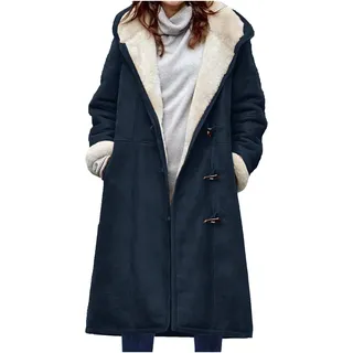 Damen knielanger Wildledermantel – Winter warme Kapuzenjacken Dickes Sherpa-Fleece-Futter Duffle-Knöpfe Seitentaschen Mode Plüsch Lange Trenchjacken Erbsenmantel Parka Oberbekleidung, navy, 48 - 48