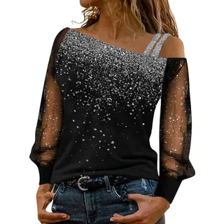 Glitzer Oberteile Damen Pailletten Oberteil Damen T Shirt Schulterfrei Cutout Heißes Diamant Langarm Bluse Elegant Langarmshirt Oversize Lockere Schicke Festliche Blusen für Frauen Party Tunika Top