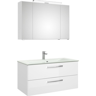 Pelipal Badmöbel-Set Trentino Weiß Hgl/Weiß Glanz mit Glas-Waschtisch + LED-Aufsatzleuchte 107 cm