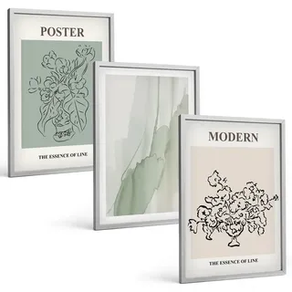 Bilder Set 3-teilig im silbergerahmten Rahmen – Wandbilder 3 Stück – gerahmte Poster für Wohnzimmer, Schlafzimmer und Flur – 40x60 cm – B... - Grün