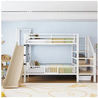 Odikalo Etagenbett 90x200 Kinderbett mit Rutsche und Stauraumtreppe (Metall-Hochbett für Kinder mit Rutsche und Stauraumtreppe 90*200CM, Etagenbettgestell mit Schutzgittertür, integrierten Regalen, platzsparendes Kinderbett für Jungen- und Mädchenzimmer)