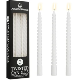 DECO EXPRESS Stabkerzen Set, 3er Packung, Tropffreie Gedrehte Bunte Kerzen, 6 Stunden Brenndauer Unparfümiert, Schlafzimmer Deko Geschenke für Valentinstag und Muttertag (Weiß, 3er-Pack)