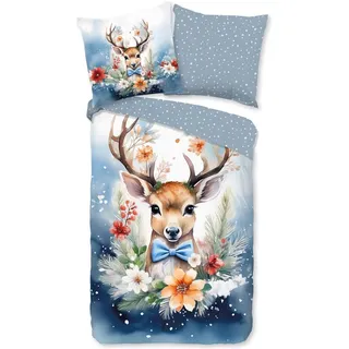 Traumschlaf Junger Hirsch Tiere Flanell Blau 135 x 200 cm + 80 x 80 cm