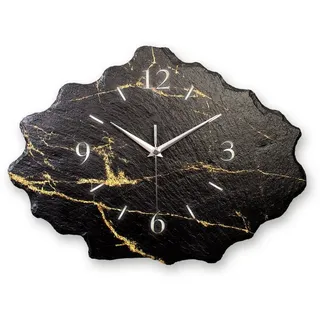 Kreative Feder Wanduhr Design-Wanduhr aus Stein (Beton) „Black & Gold“ (Funk- oder Quarzuhrwerk; ohne Ticken; elegant, außergewöhnlich, modern) schwarz
