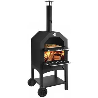 Holzbefeuerter Pizzaofen für den Außenbereich mit Thermometer 2 Edelstahlrosten herausnehmbarer Aschewanne Rollen und Kamin – für den Pool den Garten