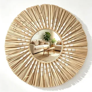 Tissting Rattan Wandspiegel mit 14cm Rund Glas Spiegel, 40cm Retro Bauernhaus Seegras Art Wanddeko Waschtisch Hängespiegel Kunst Wandbehang Kreis Wand Spiegel für Wohnzimmer, Schlafzimmer Flur