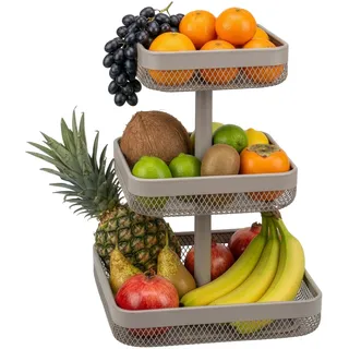 eluno 3-stöckige eckige Obstetagere/Brotkorb, Etagere, Obstschale, Obstkorb, viel Platz für die übersichtliche Lagerung von Obst, Gemüse, Brot und Snacks in Küche und Wohnzimmer aus Metall (Taupe)