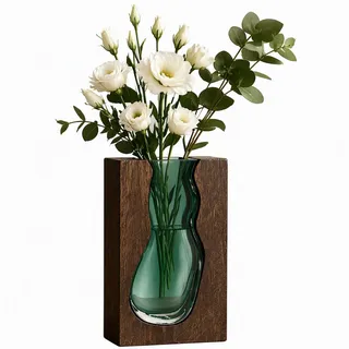 Glasvase mit Holzsockel Rechteckige Blumenvase Hellgrün 24cm Für Wohnzimmer | Schmale, Mundgeblasene Rechteck-Glasvase mit Holzsockel in Hellgrün für moderne Tischdeko und Trockenblumen